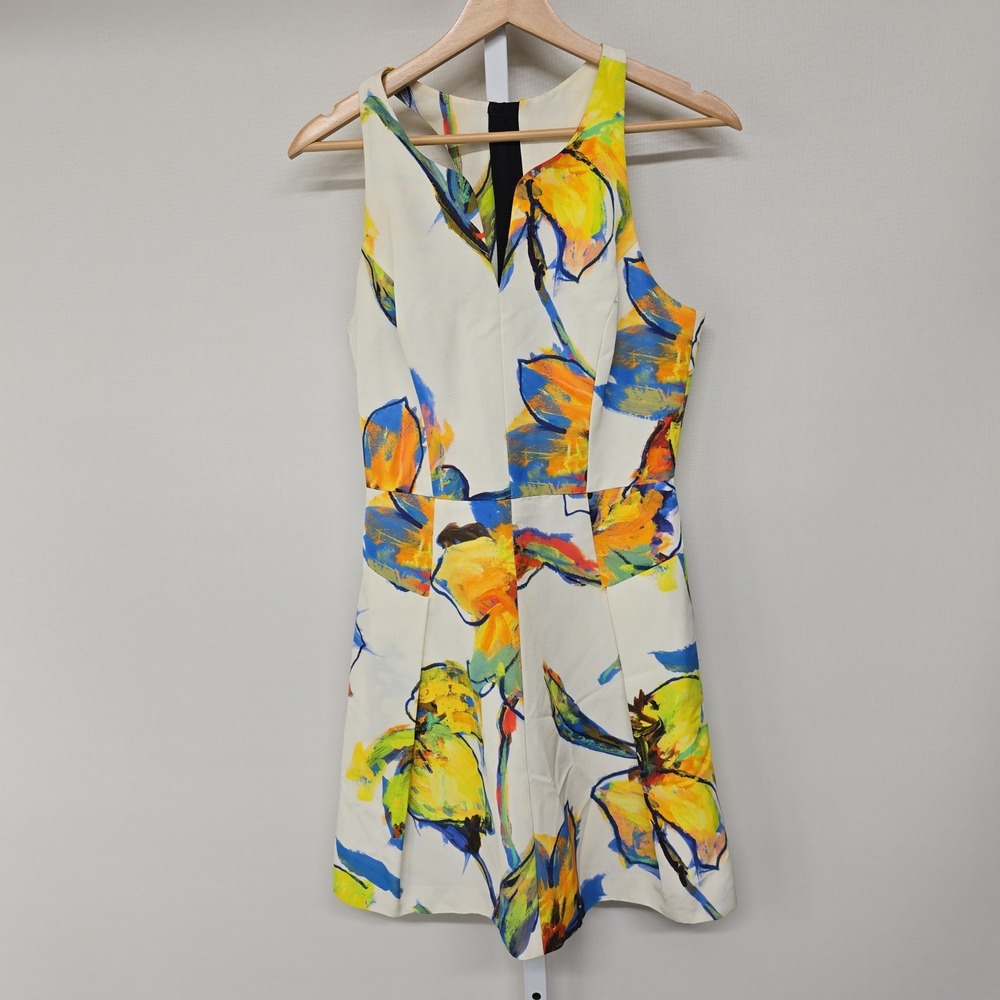 Milly Women Floral Abstract‎ Sleeveless Fit and Flare Dress White Yellow Blue 4